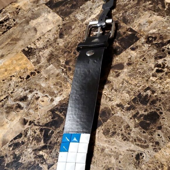 1.5 inch pyramid studded belt -blue, white, yellow on black - Picture 3 of 5